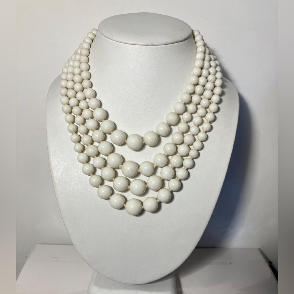 White milk glass 4 strand vintage necklace, signed Japan 15"-19.5" 1950's